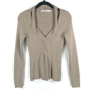 ASTR THE LABEL AT17051 TAUPE Rib Knit Pullover LS Vneck Faux Wrap Top Size‎ XS